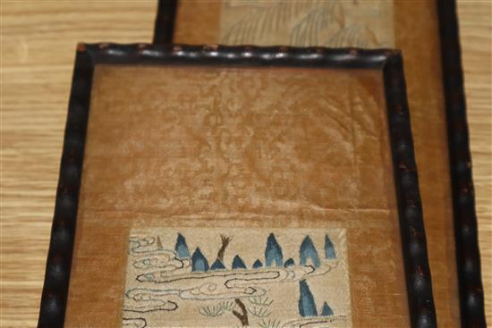 A pair of Chinese embroidered silk polychrome sleeve bands, framed